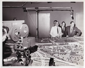 Robert Moses and Walter Cronkite overlooking plans for Queens